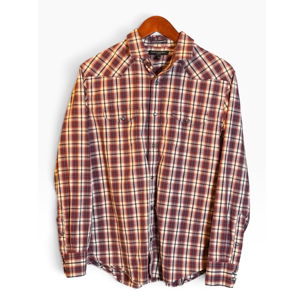 Banana Republic Mens Slim Western Shirt M Red Plaid Stretch Pearl Snap Cotton